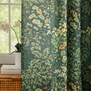 French Country Curtains 72 Inches Long 2 Panels Dark Green Leaf Floral Curtain for Living Room, Grommet Semi-Sheer Privacy Cottagecore Linen Drapes Botanical Vintage Farmhouse Curtains, 50 x 72 Inch