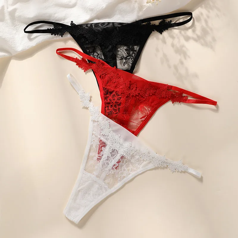 French Lace Embroidered Satin Sexy Thong Panties