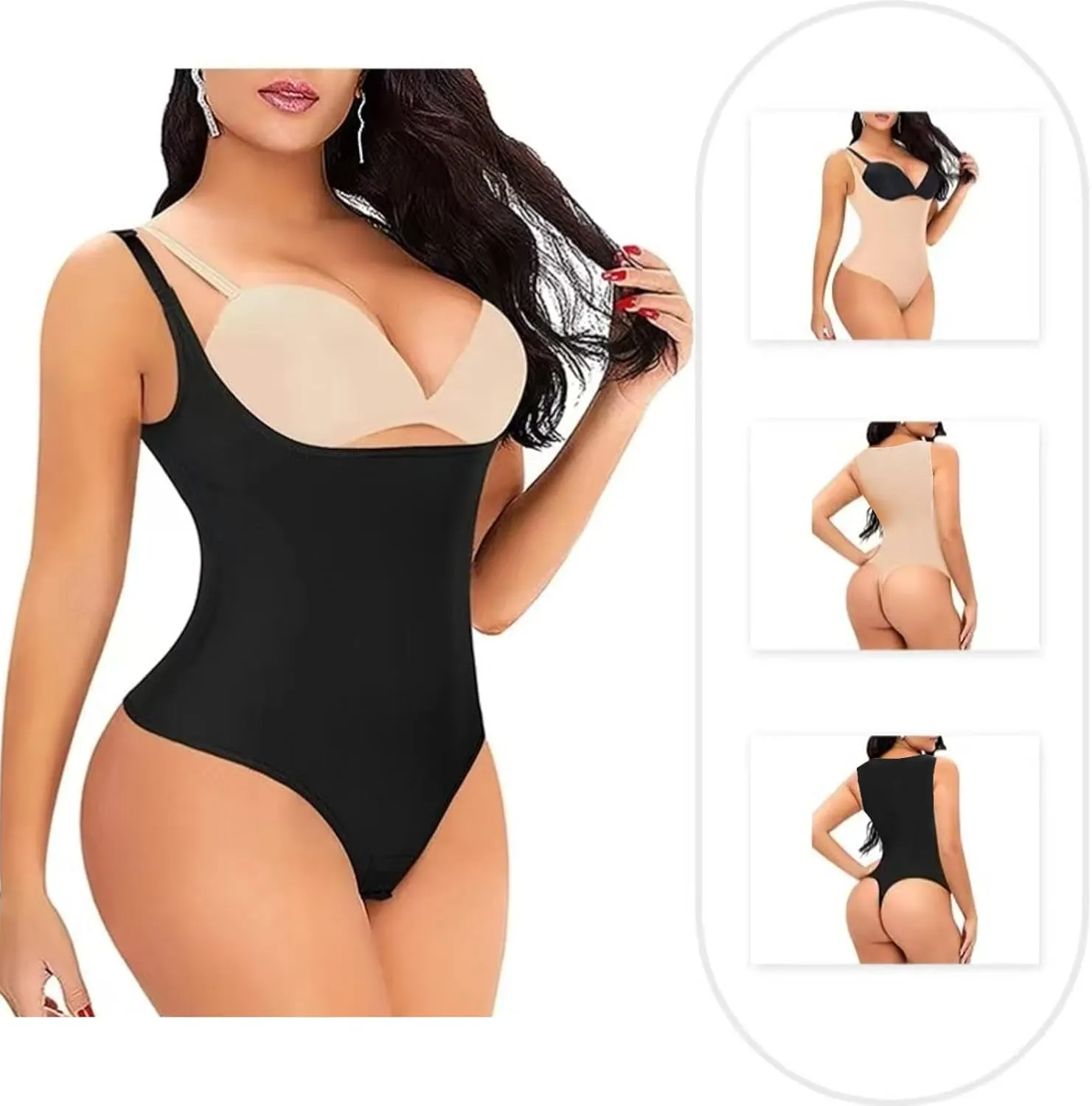 Front Open Bodysuit Firm Control Shapewear Thong Double Lined Sculpting Sleeveless for Wedding Dress Beige Black