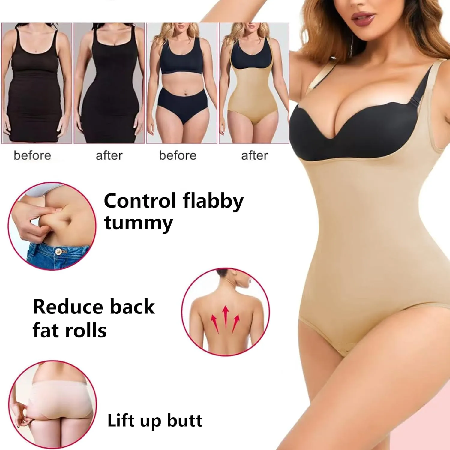 Front Open Bodysuit Firm Control Shapewear Thong Double Lined Sculpting Sleeveless for Wedding Dress Beige Black