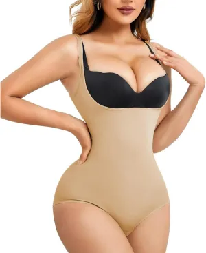 Front Open Bodysuit Firm Control Shapewear Thong Double Lined Sculpting Sleeveless for Wedding Dress Beige Black