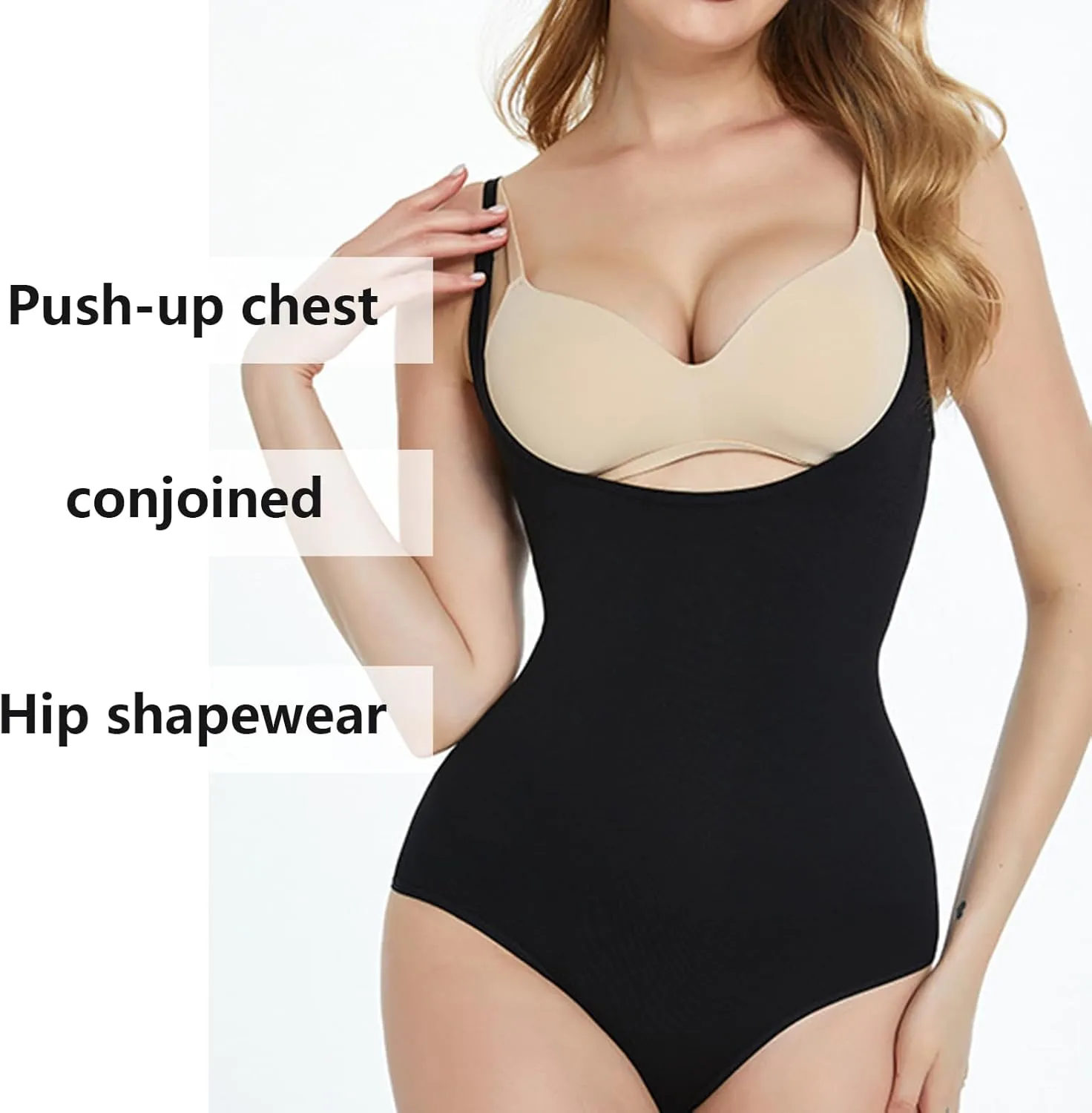 Front Open Bodysuit Firm Control Shapewear Thong Double Lined Sculpting Sleeveless for Wedding Dress Beige Black