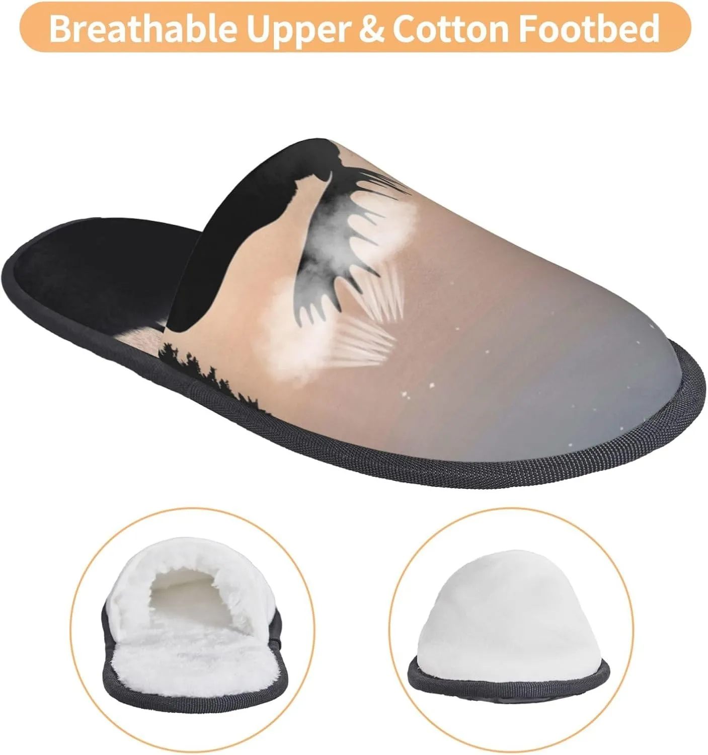 Furry Slippers for Men Women Non-slip Slides Memory Foam Slippers Moose Mountain Pine Tree Wilderness Slippers Warm Comfy Plush Shoes Winter House Shoes for Indoor Outdoor