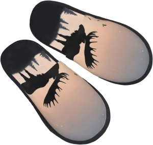 Furry Slippers for Men Women Non-slip Slides Memory Foam Slippers Moose Mountain Pine Tree Wilderness Slippers Warm Comfy Plush Shoes Winter House Shoes for Indoor Outdoor