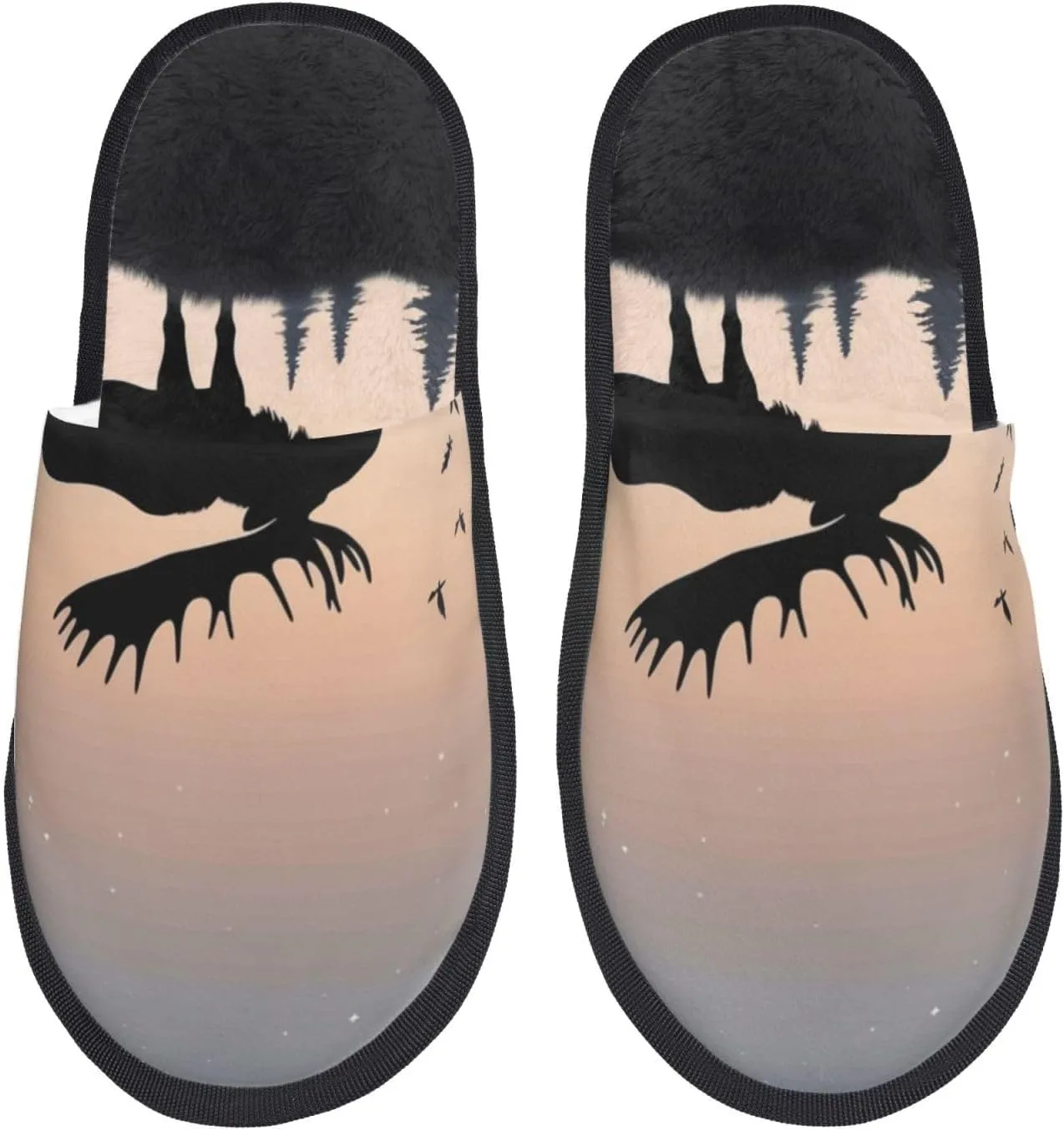 Furry Slippers for Men Women Non-slip Slides Memory Foam Slippers Moose Mountain Pine Tree Wilderness Slippers Warm Comfy Plush Shoes Winter House Shoes for Indoor Outdoor