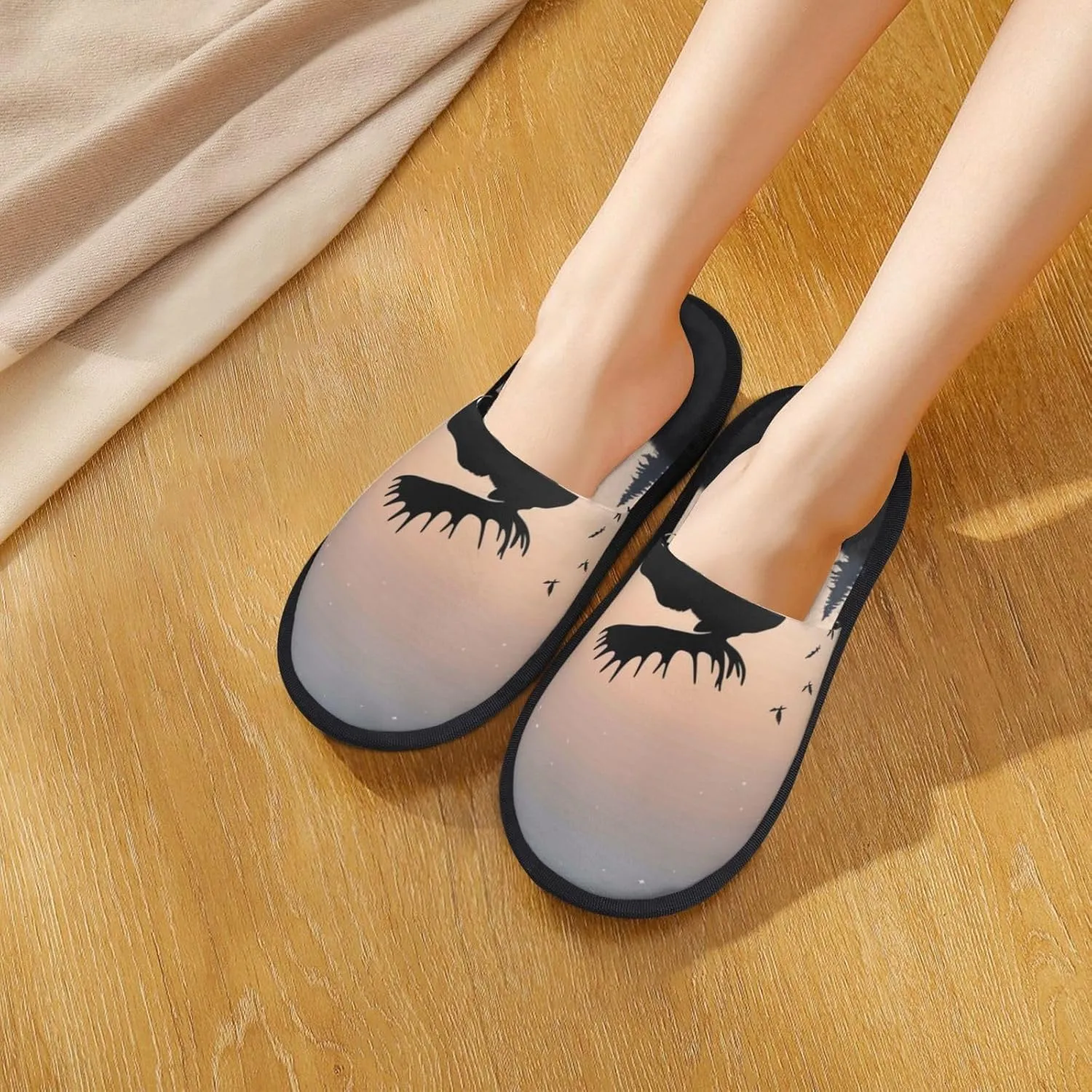 Furry Slippers for Men Women Non-slip Slides Memory Foam Slippers Moose Mountain Pine Tree Wilderness Slippers Warm Comfy Plush Shoes Winter House Shoes for Indoor Outdoor