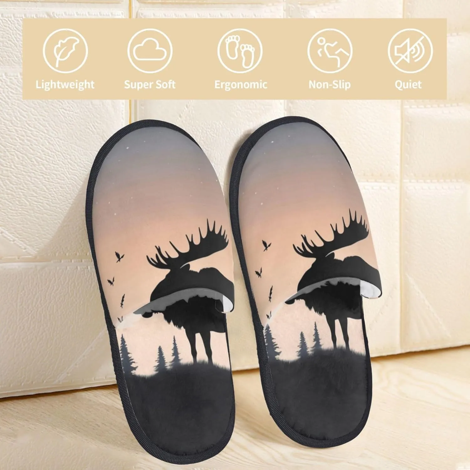 Furry Slippers for Men Women Non-slip Slides Memory Foam Slippers Moose Mountain Pine Tree Wilderness Slippers Warm Comfy Plush Shoes Winter House Shoes for Indoor Outdoor