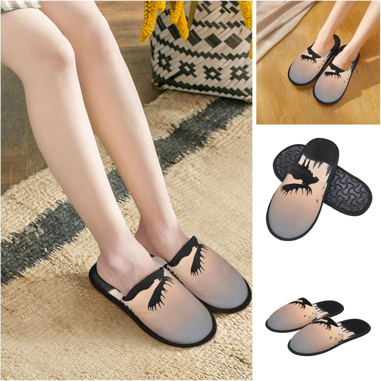 Furry Slippers for Men Women Non-slip Slides Memory Foam Slippers Moose Mountain Pine Tree Wilderness Slippers Warm Comfy Plush Shoes Winter House Shoes for Indoor Outdoor
