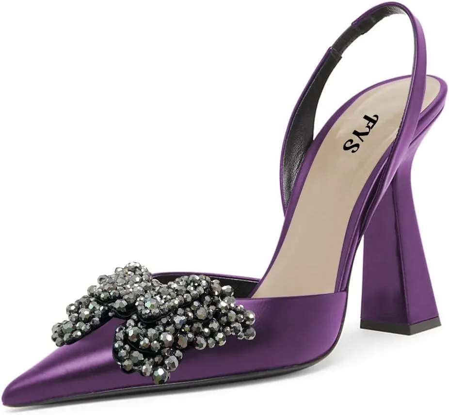 FYS Women Pretty Elegant Slip on Pointed Toe Slingback Sandals D'Orsay Pumps Butterfly Crystal Rhinestones Chunky High Heel Slide Shoes Dress Wedding Prom Shoes Size 4-15 US