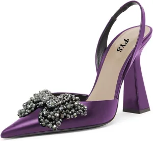 FYS Women Pretty Elegant Slip on Pointed Toe Slingback Sandals D'Orsay Pumps Butterfly Crystal Rhinestones Chunky High Heel Slide Shoes Dress Wedding Prom Shoes Size 4-15 US