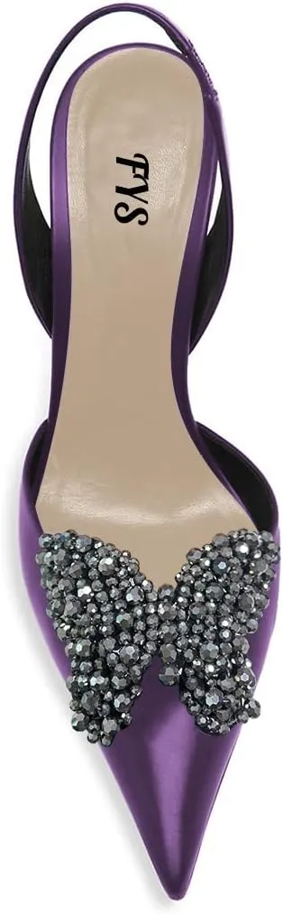 FYS Women Pretty Elegant Slip on Pointed Toe Slingback Sandals D'Orsay Pumps Butterfly Crystal Rhinestones Chunky High Heel Slide Shoes Dress Wedding Prom Shoes Size 4-15 US
