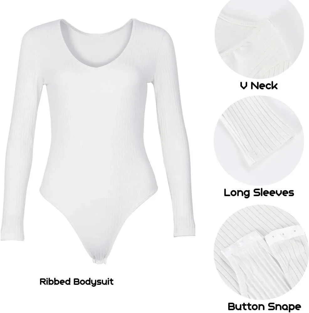 GEMBERA Women's Deep V Neck Long Sleeve Bodysuit Ribbed Knit Bodycon Basic Bodysuit Tops