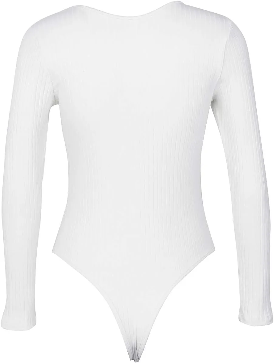 GEMBERA Women's Deep V Neck Long Sleeve Bodysuit Ribbed Knit Bodycon Basic Bodysuit Tops