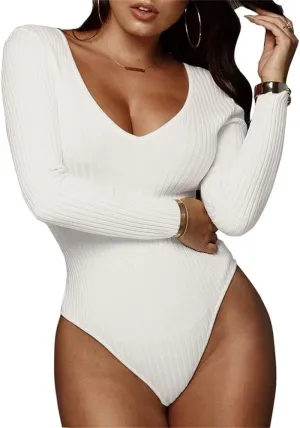 GEMBERA Women's Deep V Neck Long Sleeve Bodysuit Ribbed Knit Bodycon Basic Bodysuit Tops