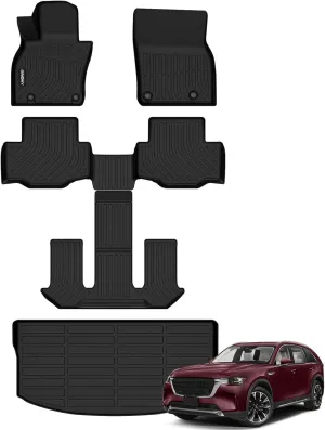 GINOWY-Floor Mats & Cargo Liner Custom Fit for 2024 2025 Mazda CX-90 (Fit for 6 & 7 Seats), All Weather Mats for Mazda CX90 2024 2025, CX 90 Car Accessories Mats, Cargo Mat Trunk Mats for CX-90
