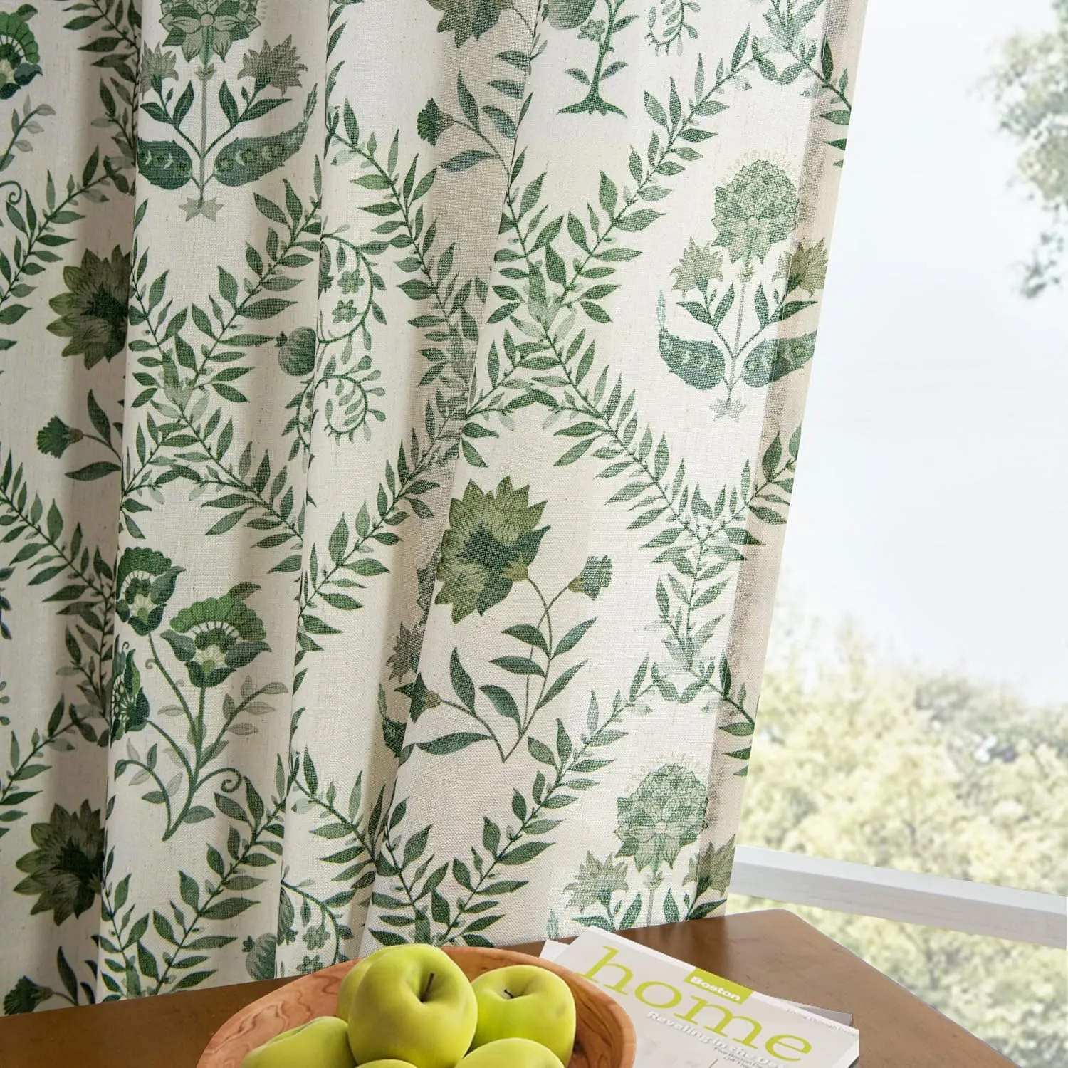 Green Floral Linen Curtains 84 Inch Length for Living Room Bedroom 2 Panels Semi Sheer Curtains Back Tab Olive Patterned Flower on Beige Farmhouse Boho French Country Window Drapes 84 Inches Long