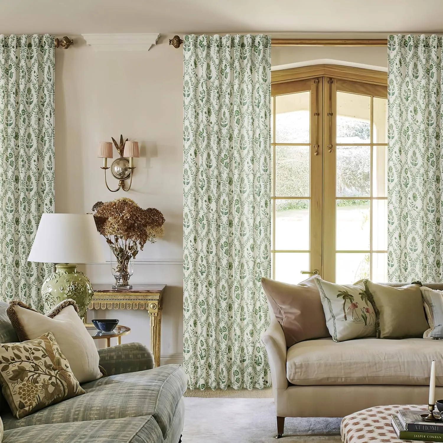 Green Floral Linen Curtains 84 Inch Length for Living Room Bedroom 2 Panels Semi Sheer Curtains Back Tab Olive Patterned Flower on Beige Farmhouse Boho French Country Window Drapes 84 Inches Long