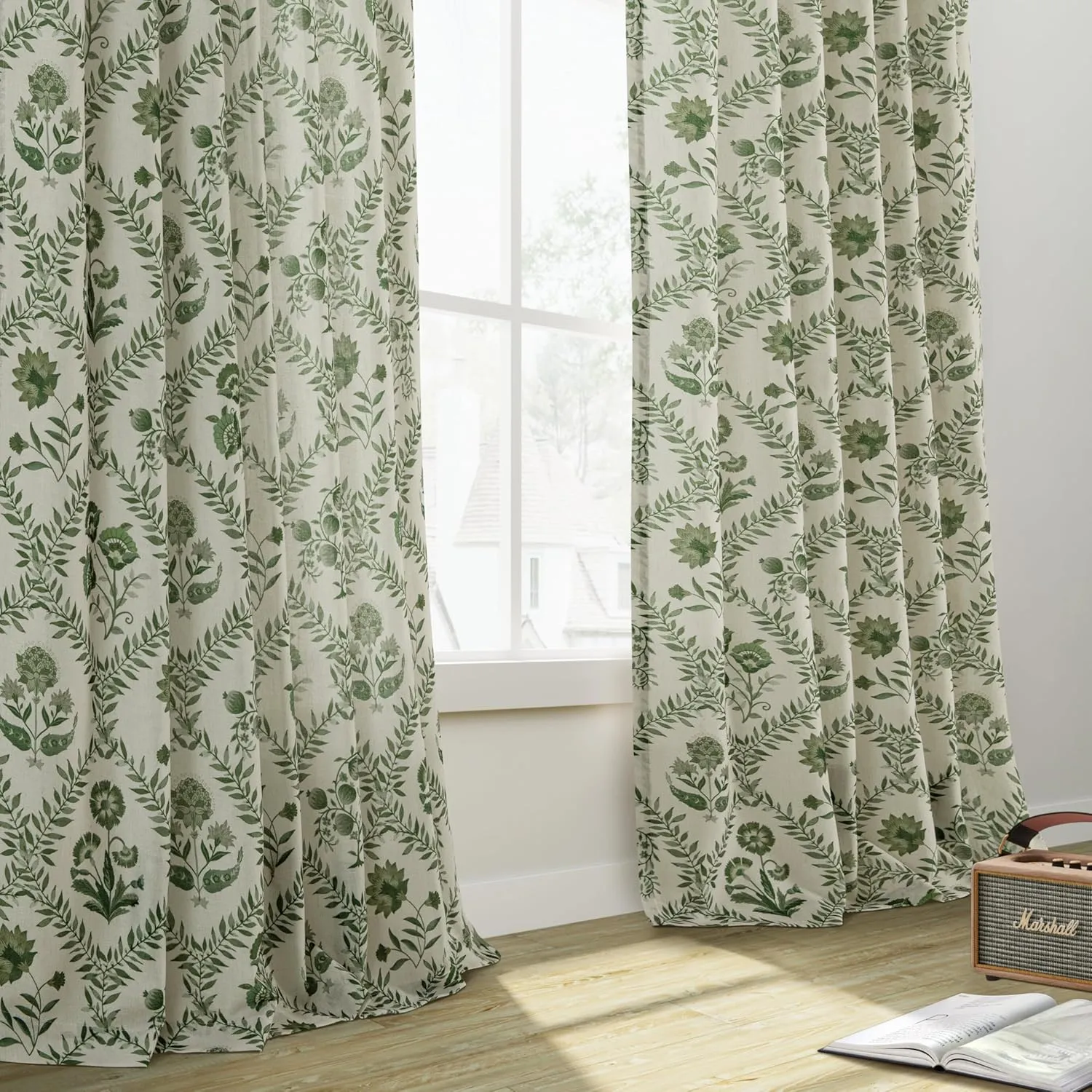 Green Floral Linen Curtains 84 Inch Length for Living Room Bedroom 2 Panels Semi Sheer Curtains Back Tab Olive Patterned Flower on Beige Farmhouse Boho French Country Window Drapes 84 Inches Long