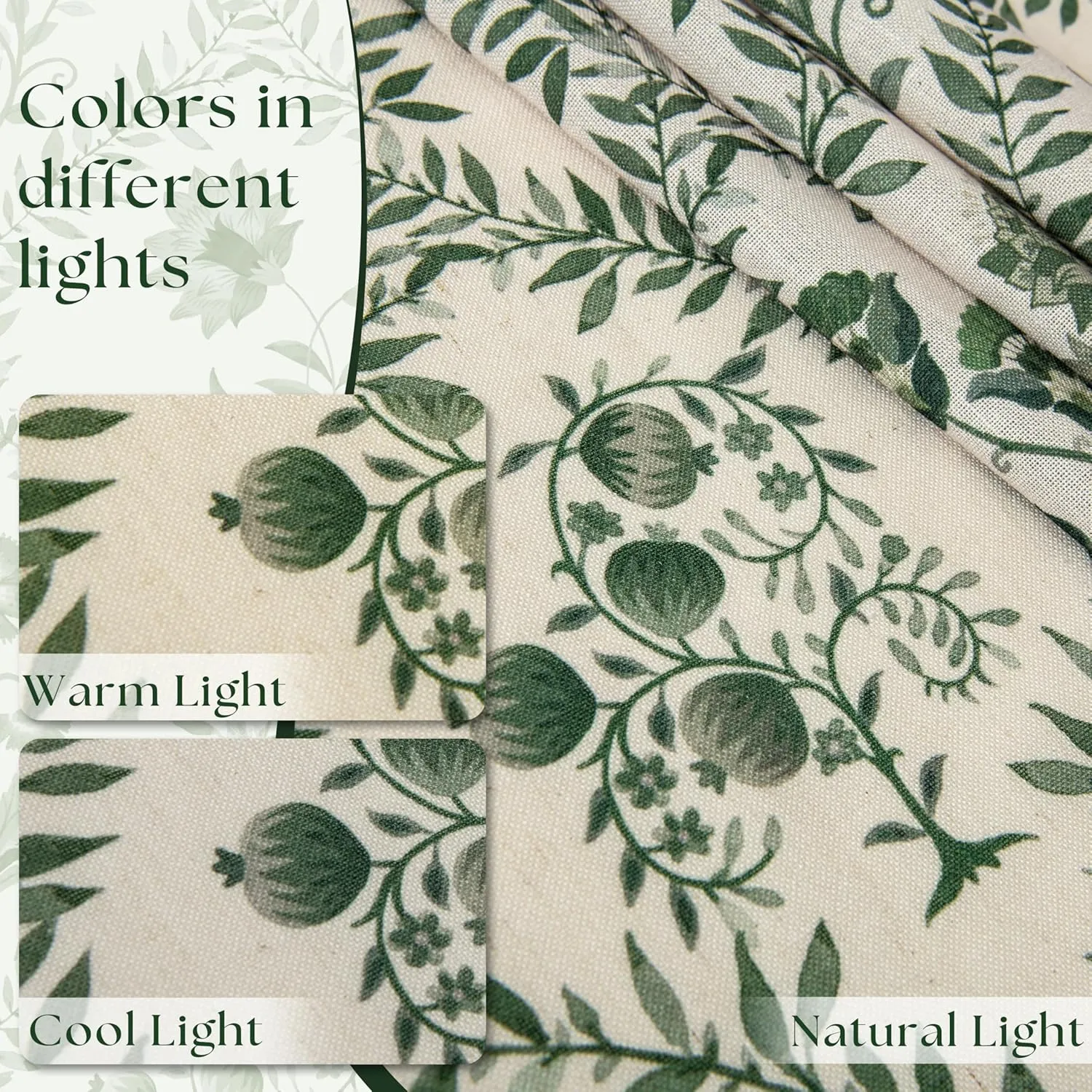 Green Floral Linen Curtains 84 Inch Length for Living Room Bedroom 2 Panels Semi Sheer Curtains Back Tab Olive Patterned Flower on Beige Farmhouse Boho French Country Window Drapes 84 Inches Long