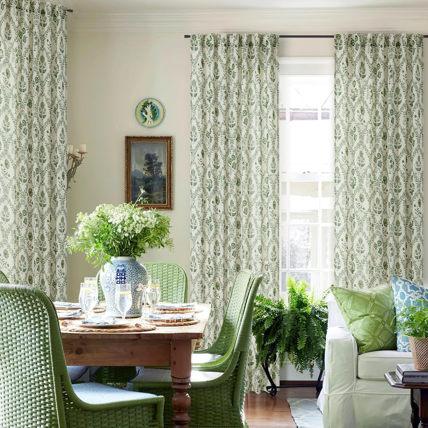 Green Floral Linen Curtains 84 Inch Length for Living Room Bedroom 2 Panels Semi Sheer Curtains Back Tab Olive Patterned Flower on Beige Farmhouse Boho French Country Window Drapes 84 Inches Long