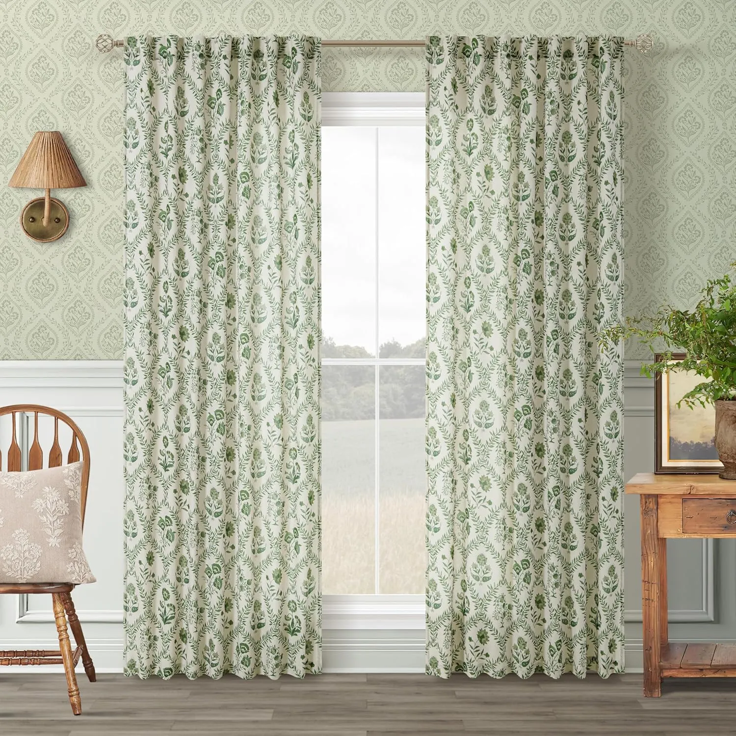 Green Floral Linen Curtains 84 Inch Length for Living Room Bedroom 2 Panels Semi Sheer Curtains Back Tab Olive Patterned Flower on Beige Farmhouse Boho French Country Window Drapes 84 Inches Long