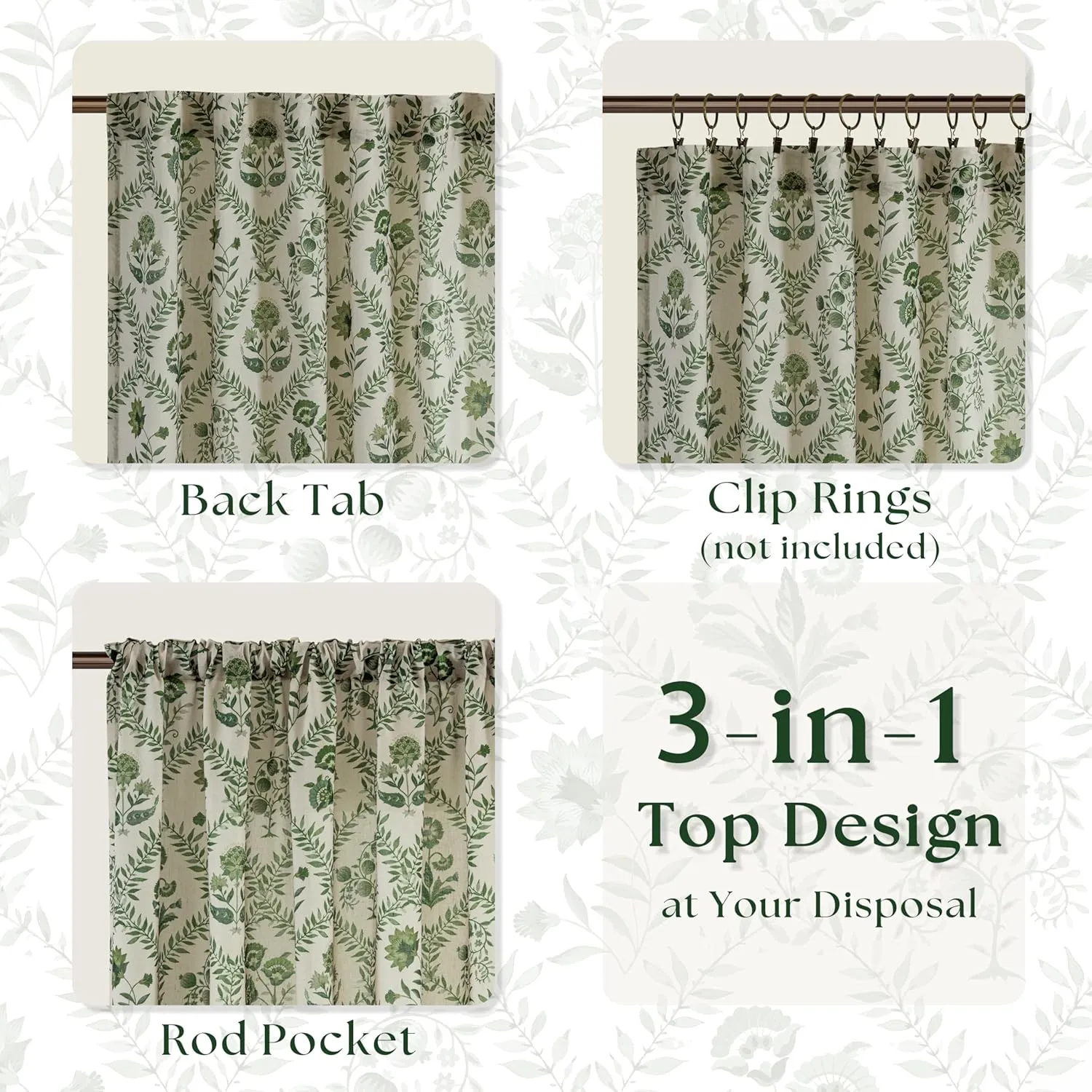 Green Floral Linen Curtains 84 Inch Length for Living Room Bedroom 2 Panels Semi Sheer Curtains Back Tab Olive Patterned Flower on Beige Farmhouse Boho French Country Window Drapes 84 Inches Long