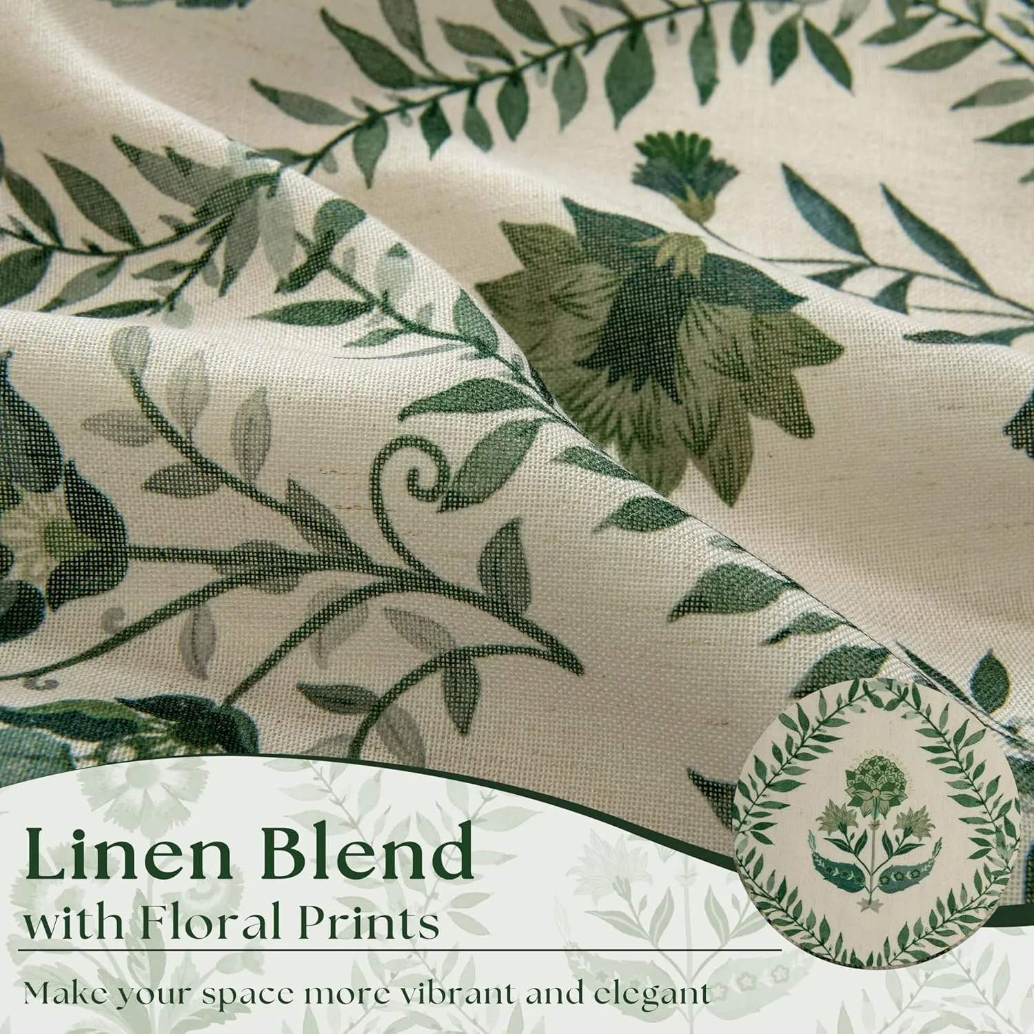 Green Floral Linen Curtains 84 Inch Length for Living Room Bedroom 2 Panels Semi Sheer Curtains Back Tab Olive Patterned Flower on Beige Farmhouse Boho French Country Window Drapes 84 Inches Long