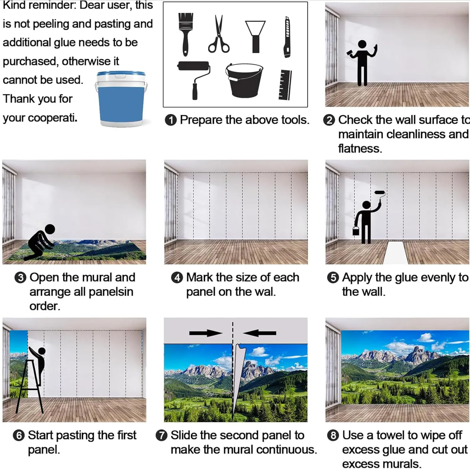 Green Grassland Mountains Wall Murals Alpine Hills Senko Village Large Wall Murals Wall Decal Stickers Good Adhesion Clear Picture for Company Sofa Wall Kids Room - 59" W x 39.4" H