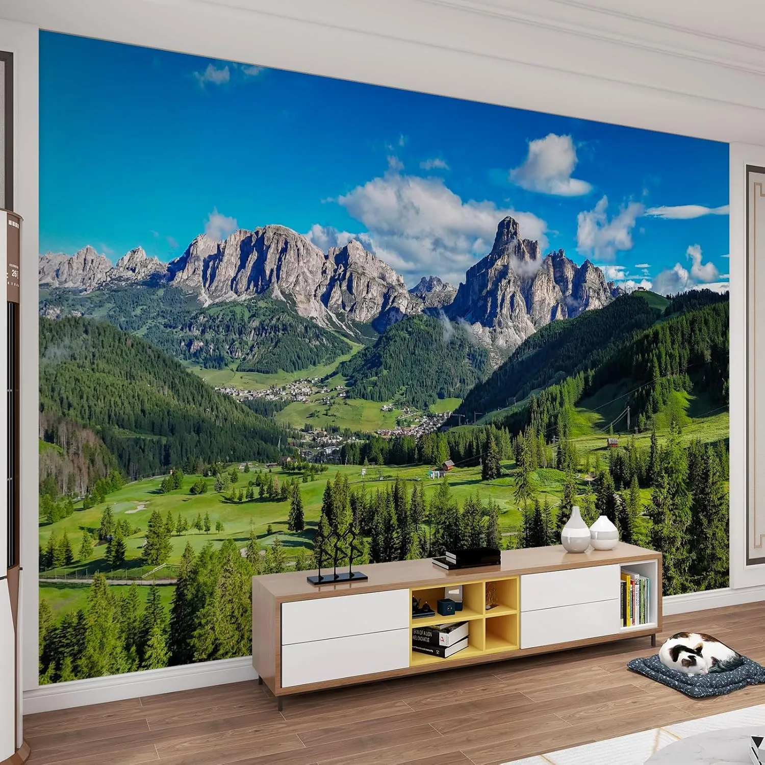 Green Grassland Mountains Wall Murals Alpine Hills Senko Village Large Wall Murals Wall Decal Stickers Good Adhesion Clear Picture for Company Sofa Wall Kids Room - 59" W x 39.4" H