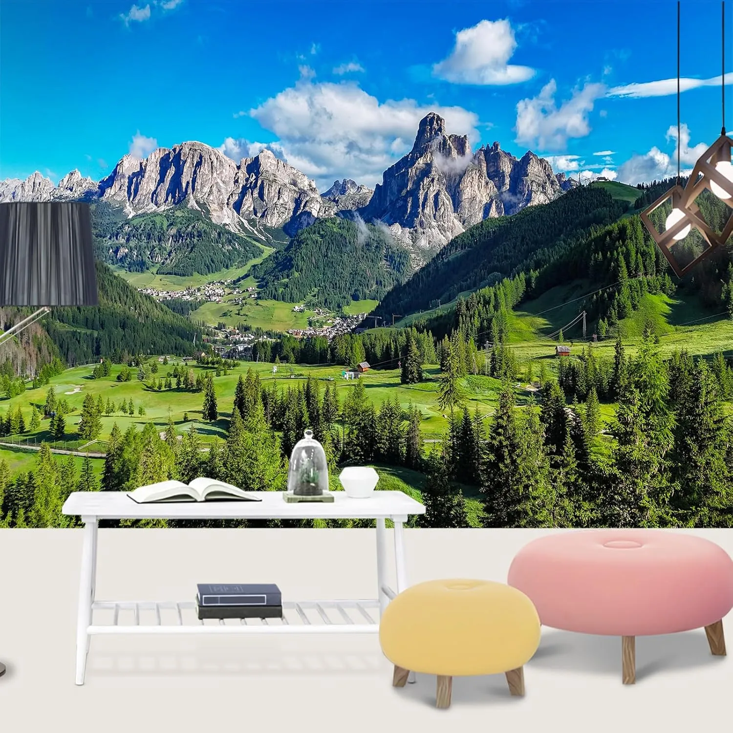 Green Grassland Mountains Wall Murals Alpine Hills Senko Village Large Wall Murals Wall Decal Stickers Good Adhesion Clear Picture for Company Sofa Wall Kids Room - 59" W x 39.4" H
