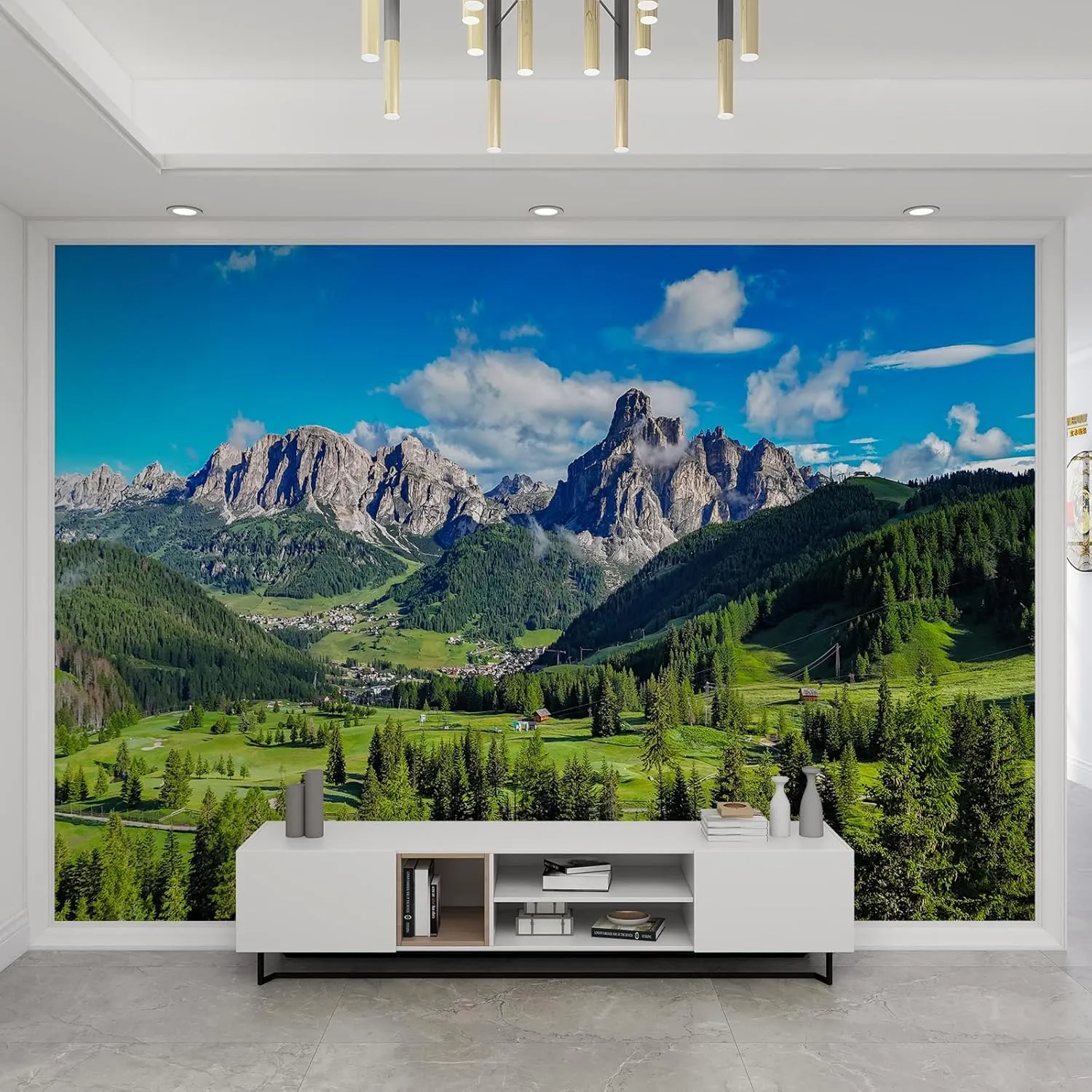 Green Grassland Mountains Wall Murals Alpine Hills Senko Village Large Wall Murals Wall Decal Stickers Good Adhesion Clear Picture for Company Sofa Wall Kids Room - 59" W x 39.4" H