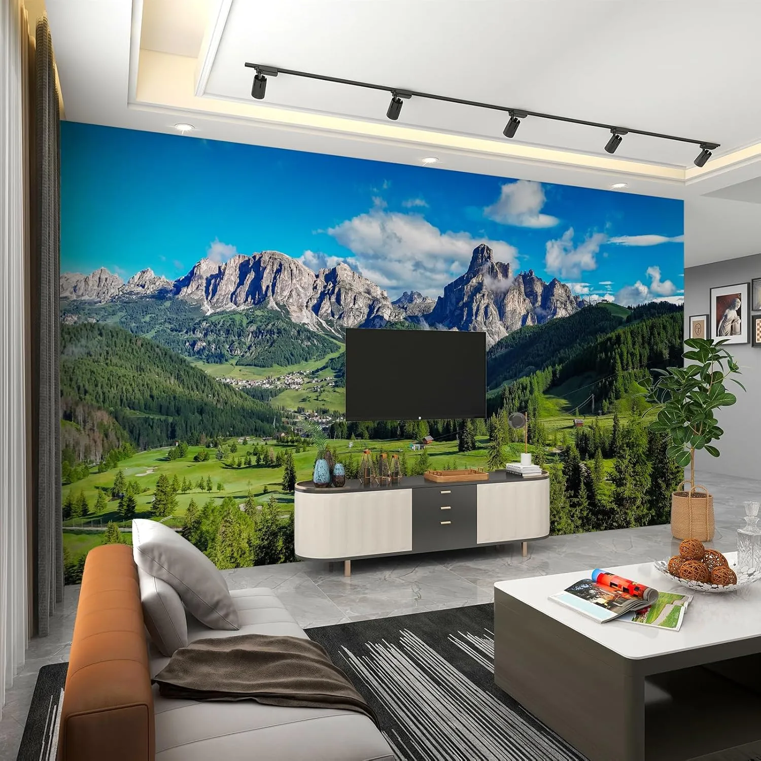 Green Grassland Mountains Wall Murals Alpine Hills Senko Village Large Wall Murals Wall Decal Stickers Good Adhesion Clear Picture for Company Sofa Wall Kids Room - 59" W x 39.4" H