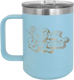 Grill Legend B LIGHT BLUE 15 oz Coffee Cup w/Slide Top Lid | Insulated Travel Coffee Mug | BBQ & Grilling Gift Idea For Men Who Have Everything, Dad | Compare To Yeti Rambler | ONLYGIFTS.COM