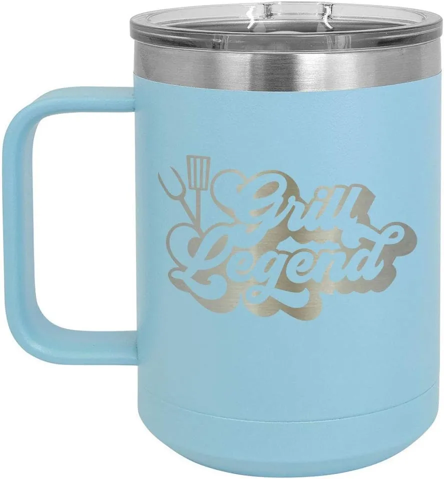 Grill Legend B LIGHT BLUE 15 oz Coffee Cup w/Slide Top Lid | Insulated Travel Coffee Mug | BBQ & Grilling Gift Idea For Men Who Have Everything, Dad | Compare To Yeti Rambler | ONLYGIFTS.COM