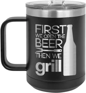 Grill Things BLACK 15 oz Coffee Cup w/Slide Top Lid | Insulated Travel Coffee Mug | BBQ & Grilling Gift Idea For Men Who Have Everything, Dad & Grandpa | Compare To Yeti Rambler | ONLYGIFTS.COM