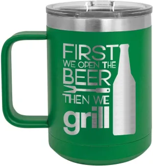 Grill Things GREEN 15 oz Coffee Cup w/Slide Top Lid | Insulated Travel Coffee Mug | BBQ & Grilling Gift Idea For Men Who Have Everything, Dad & Grandpa | Compare To Yeti Rambler | ONLYGIFTS.COM