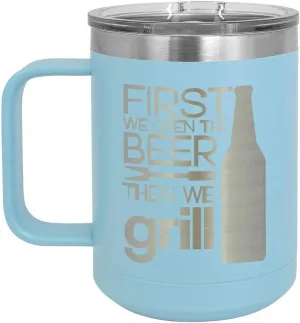 Grill Things LIGHT BLUE 15 oz Coffee Cup w/Slide Top Lid | Insulated Travel Coffee Mug | BBQ & Grilling Gift Idea For Men Who Have Everything, Dad & Grandpa | Compare To Yeti Rambler | ONLYGIFTS.COM