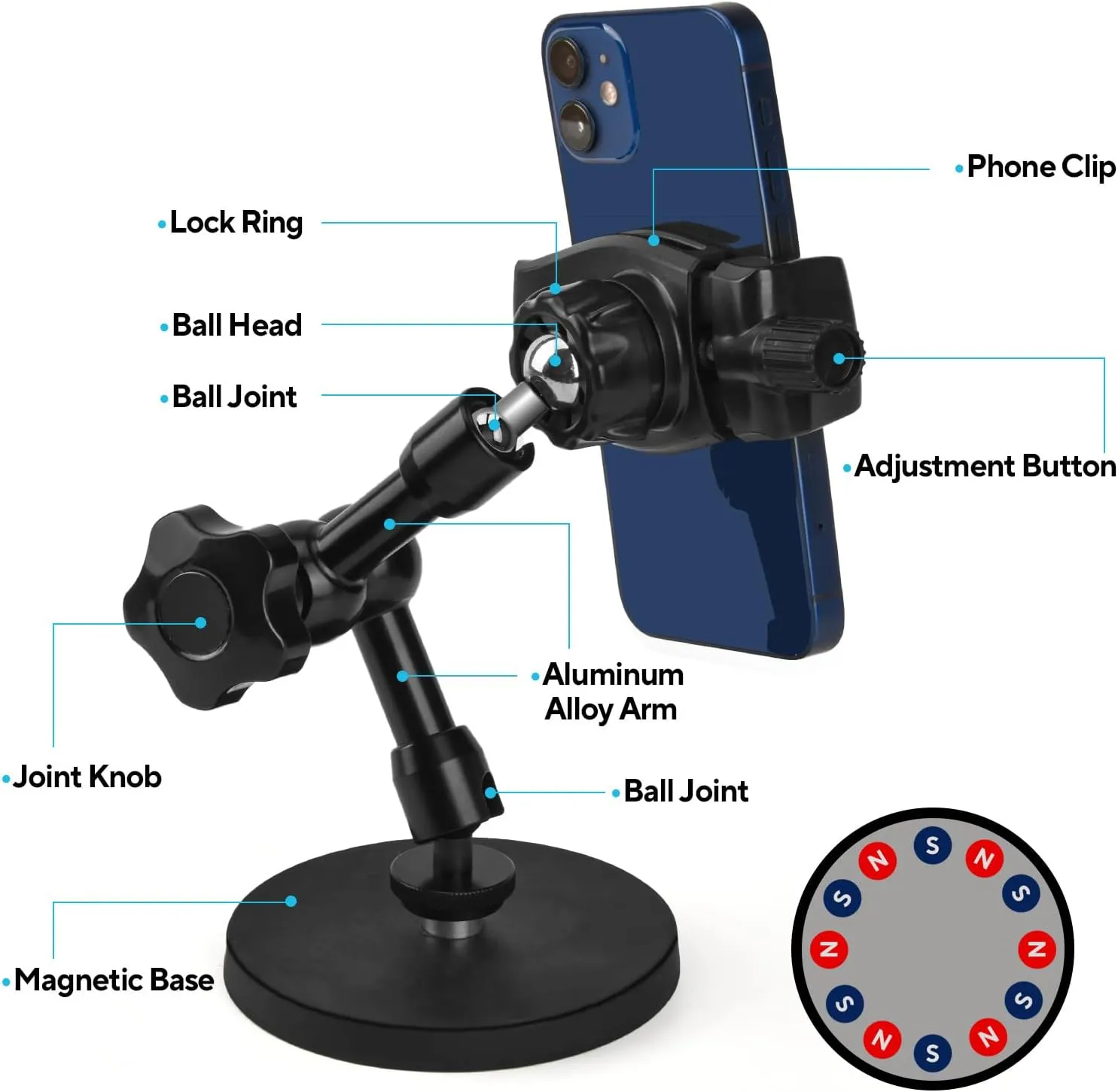 Gym Phone Holder Magnetic Phone Holder with Magnet Base Attach to Metal Surface, Accessories for Gym Tractor Boat Forklift Truck, Multi-Angle Rotatable Arm, for All Smartphones