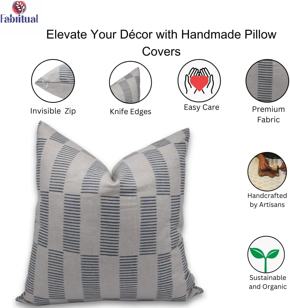 Hand Block Printed Pure Linen 18x18 Inch Artisan-Made Neutral Accent Throw Cushion Covers Decoration for Sofa, Couch, Chair, Outdoor, Farmhouse, Living Room (Zig-Zag-Grey)