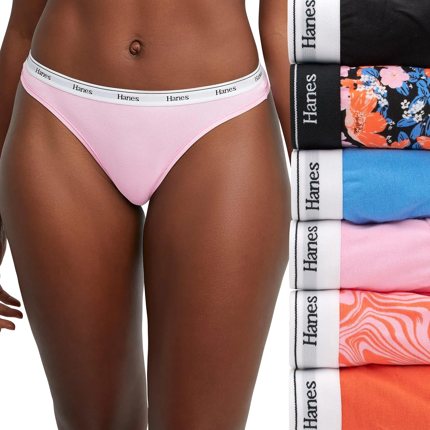 Hanes Women's Originals Thong Panties, Breathable Stretch Cotton Underwear, Assorted, 6-Pack