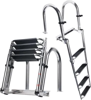Heavy Duty Pontoon Boat Ladder, 316 Stainless Steel 4 Step Telescoping Folding Ladder Rear Entry Inboard Ladder All Welded Reinforce Dock Ladder Swim Deck Ladder Wide Steps Strong Handrails