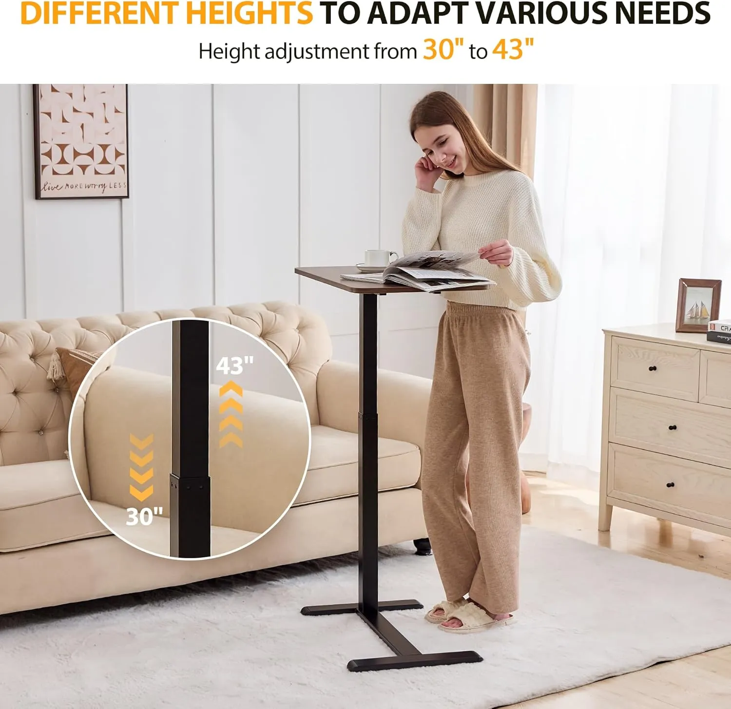 Height Adjustable Overbed Table with Hidden Wheels, Mobile Standing Desk Hospital Bed Table Laptop Bedside Sofa Side Table, 16" D x 28" W Multi-Purpose Rolling Overbed Table, Walnut Brown