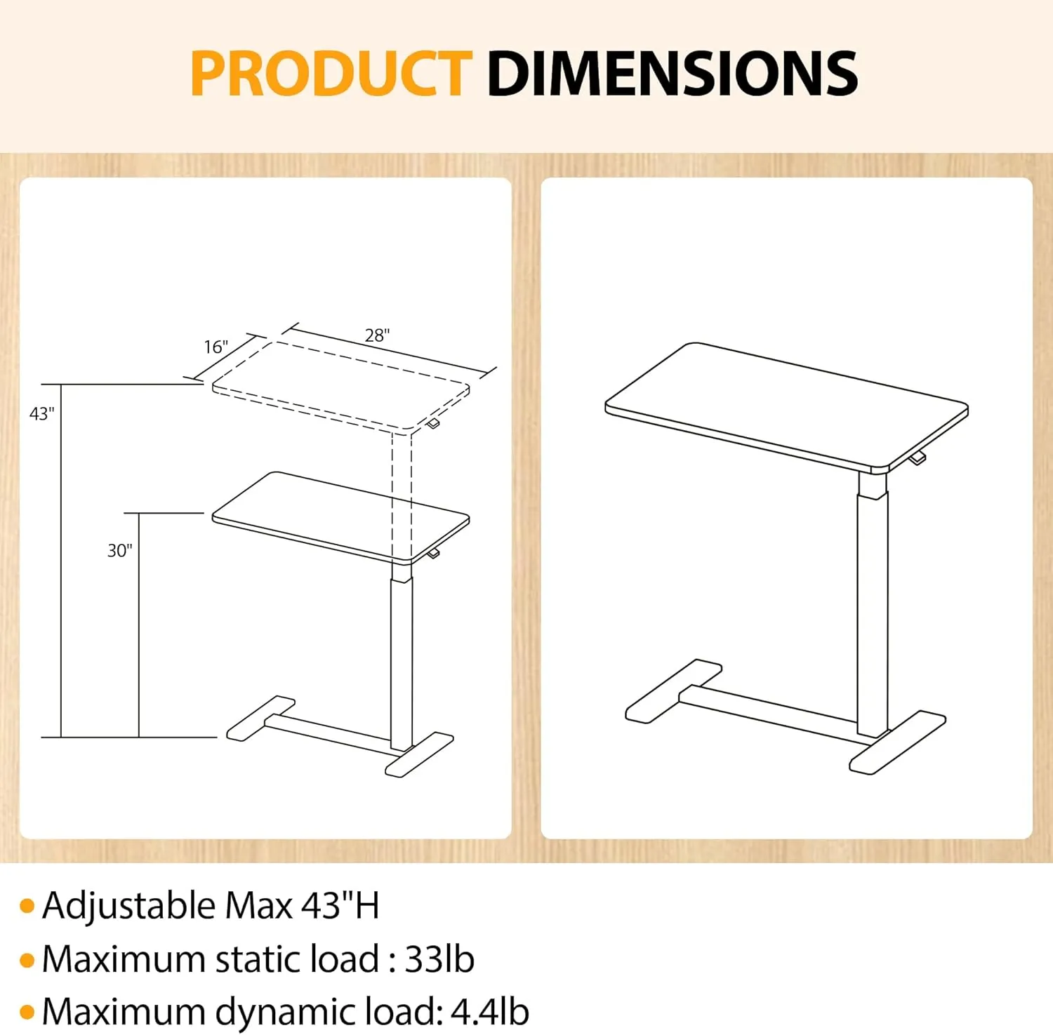 Height Adjustable Overbed Table with Hidden Wheels, Mobile Standing Desk Hospital Bed Table Laptop Bedside Sofa Side Table, 16" D x 28" W Multi-Purpose Rolling Overbed Table, Walnut Brown