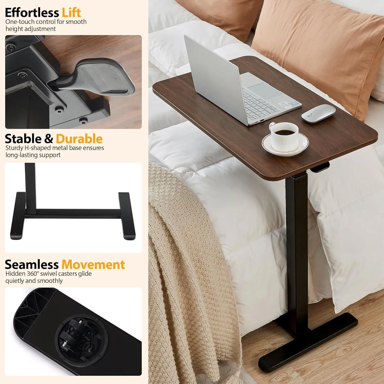 Height Adjustable Overbed Table with Hidden Wheels, Mobile Standing Desk Hospital Bed Table Laptop Bedside Sofa Side Table, 16" D x 28" W Multi-Purpose Rolling Overbed Table, Walnut Brown