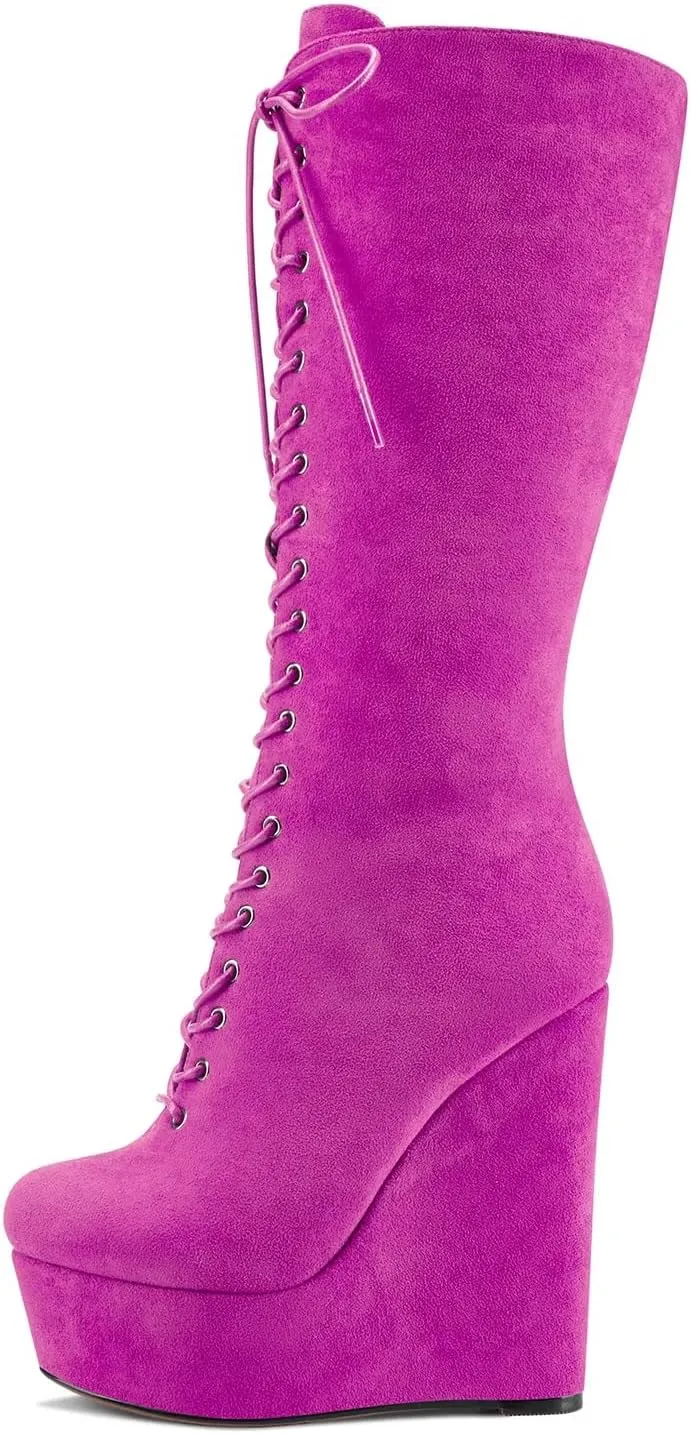HEUIVZAR Women Platform Wedge High Heel Round Toe Mid Calf Boots Lace-up Zipper Party Dress Boots