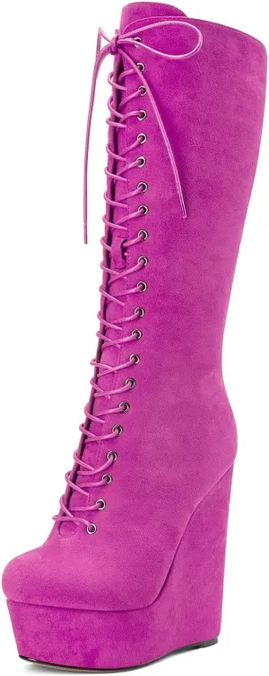 HEUIVZAR Women Platform Wedge High Heel Round Toe Mid Calf Boots Lace-up Zipper Party Dress Boots