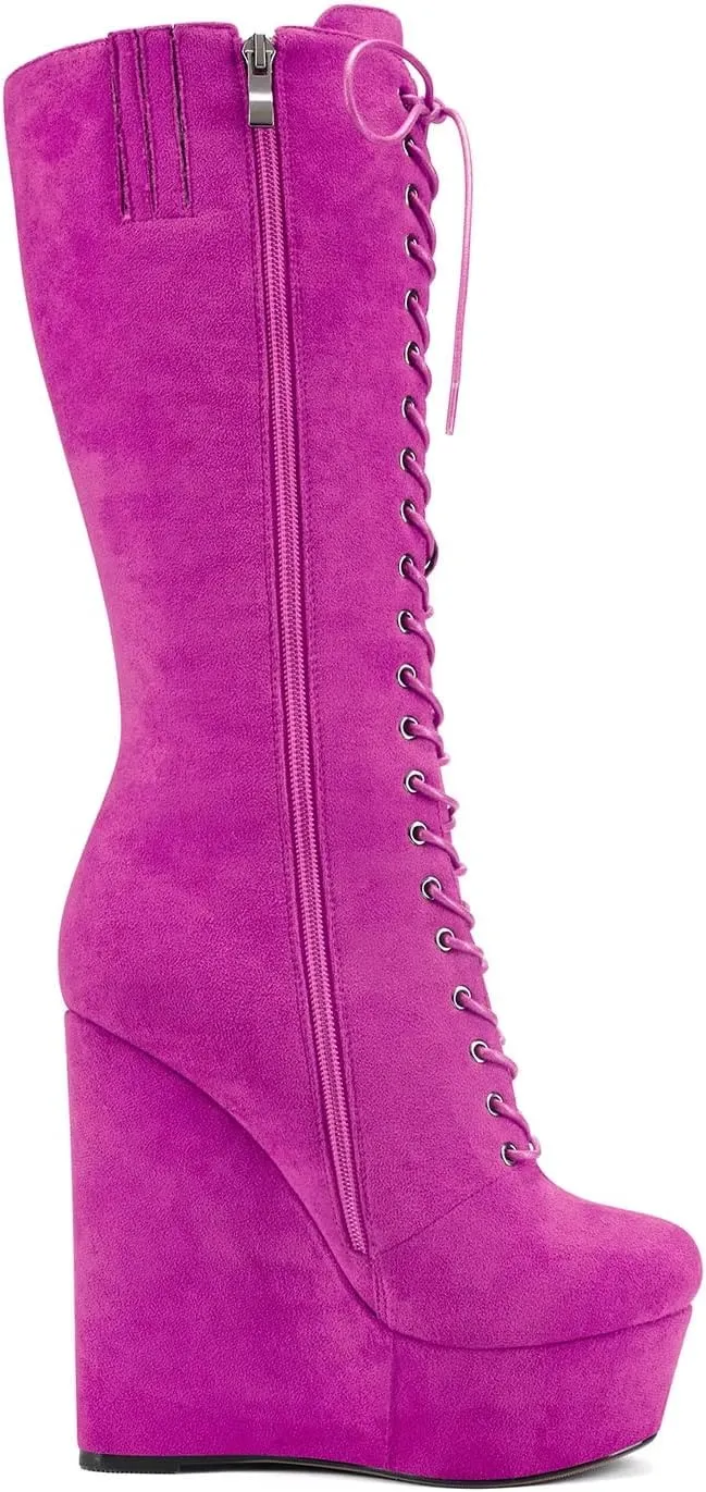 HEUIVZAR Women Platform Wedge High Heel Round Toe Mid Calf Boots Lace-up Zipper Party Dress Boots