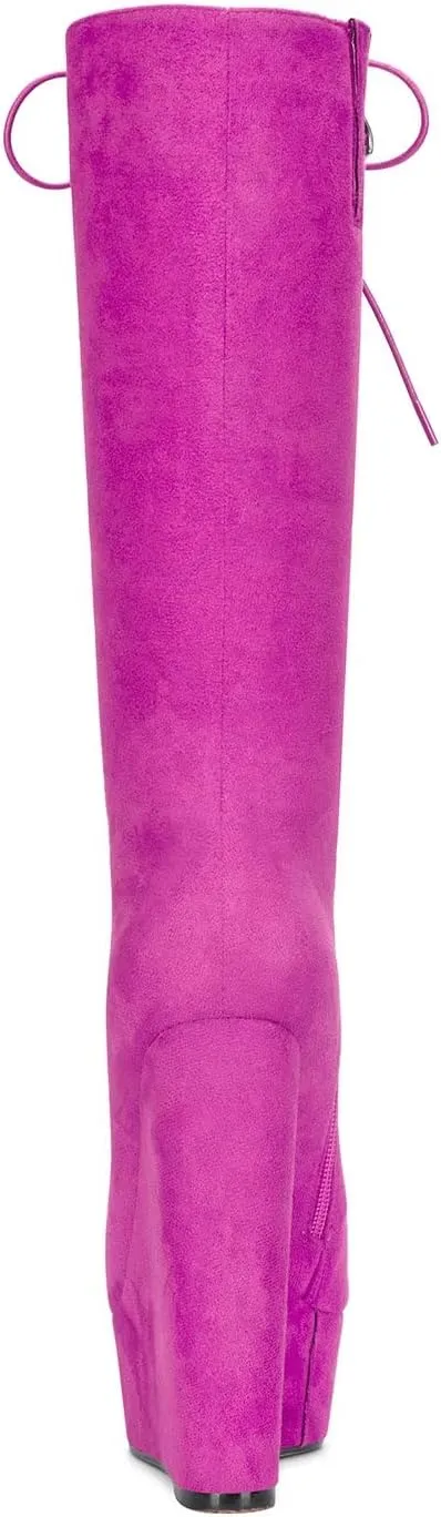 HEUIVZAR Women Platform Wedge High Heel Round Toe Mid Calf Boots Lace-up Zipper Party Dress Boots