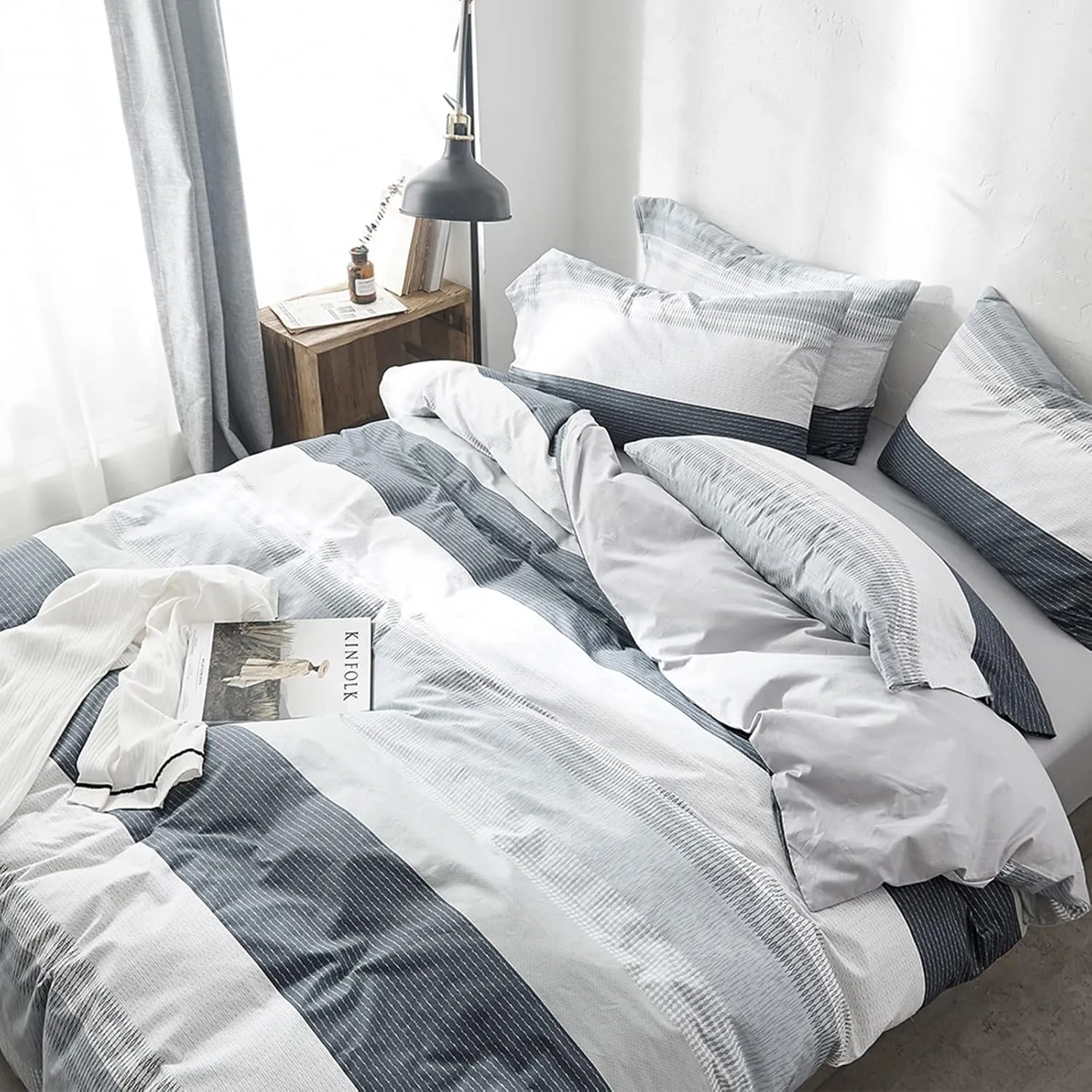 HighBuy Teen Kids Striped Duvet Cover Full Cotton Bedding Comforter Cover Set Full for Boys Girls Gray White Modern Gingham Bedding Set 3 Pieces Full Duvet Cover Set with 2 Pillow Shams