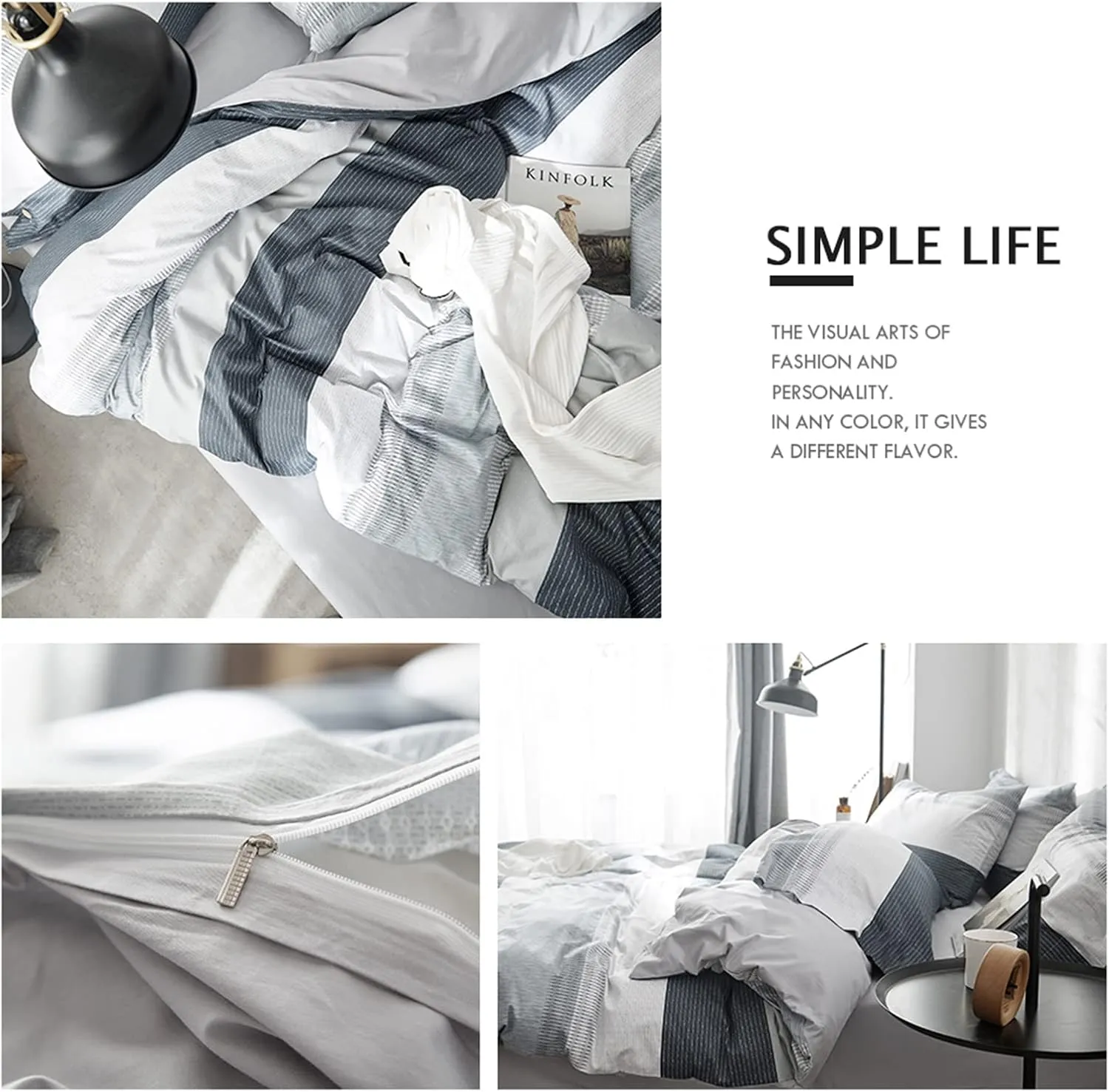 HighBuy Teen Kids Striped Duvet Cover Full Cotton Bedding Comforter Cover Set Full for Boys Girls Gray White Modern Gingham Bedding Set 3 Pieces Full Duvet Cover Set with 2 Pillow Shams